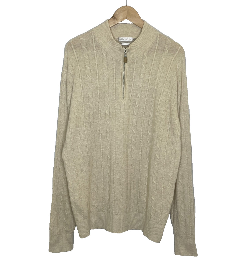 Men's XL Peter Millar Cashmere Linen Blend Cable Knit Quarter Zip Sweater